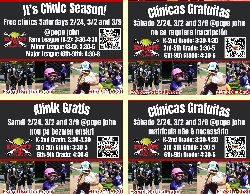 Multilingual fliers, with images of softball players in action